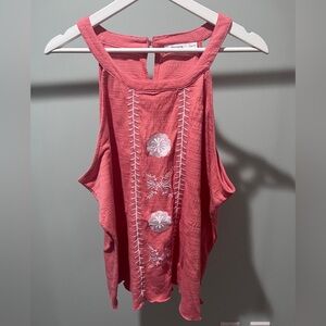 Coral Embroidered Sleeveless Shirt